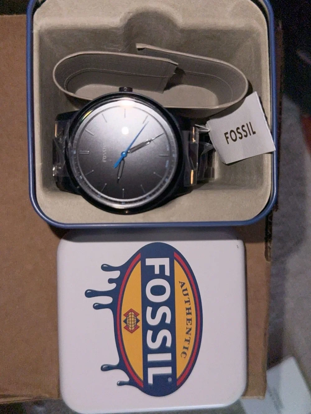 Fossil Black Dial Men's Watch with Blue Second Hand (NWT)